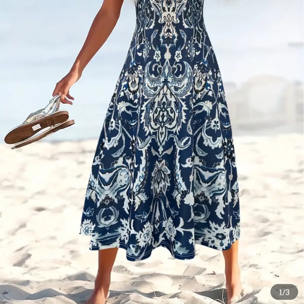 Blue and White Textured Midi Dress with Floral Pattern